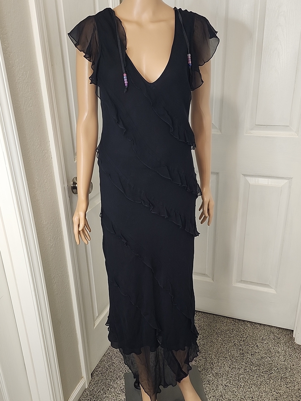 Redux Black Sheer-Ruffle V-Neck Maxi Dress With Bead Accents